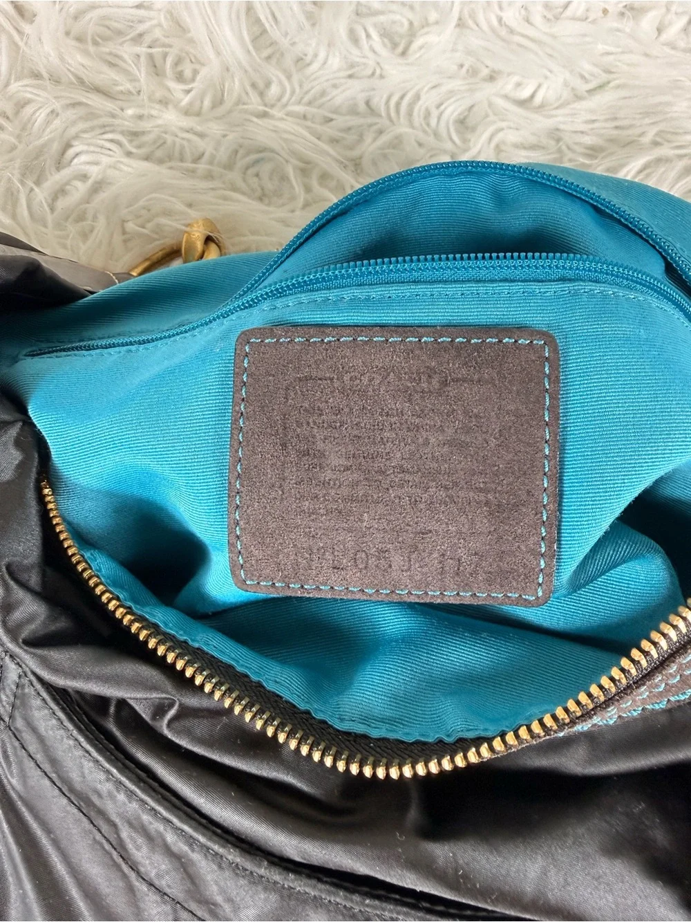 Coach Hamptons Nylon Black Shoulder Hobo Bag with Turquoise Tag Accent